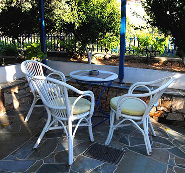 Paved courtyard with garden view